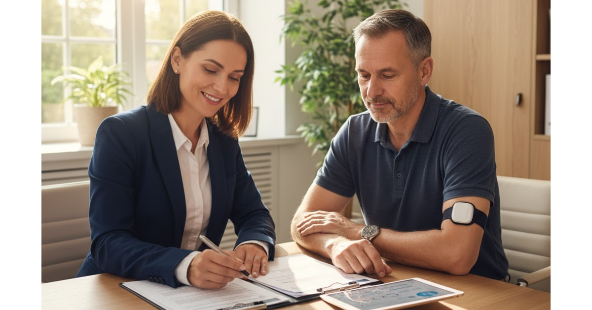 Life insurance agent consulting diabetic client about affordable coverage options and A1C requirements